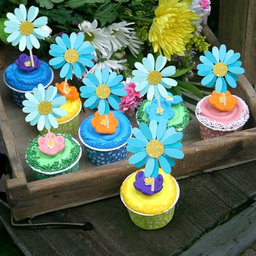 24Pcs Daisy Cupcake Toppers Flower Cake Topper Decorations Daisy Cake Decorations Chrysanthemum Cupcake Toppers Spring Daisy Flower Cake Picks for Birthday Wedding Supplies Blue (24 Count)