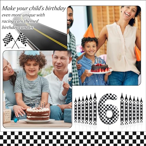 13 Pcs Racing Cars Themed Birthday Candles 12 Black and White Race Number 6 Checkered Candle Cake Topper for Racing Car Party Decoration Supplies (13 Count)