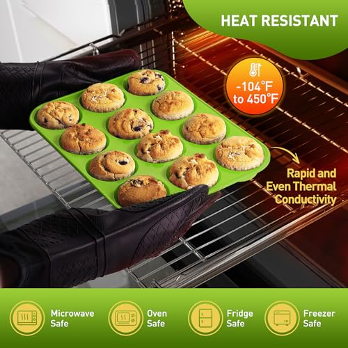2 Pack 12 Cups Silicone Muffin Pan with Metal Reinforced Frame Regular Size Silicone Molds Cupcake Cake Baking Pans Cookie Baking Chocoflan Cupcake Mold Kitchen Baking Mold Tools for Cooking (2pc: 12-Cup Regular / Green)