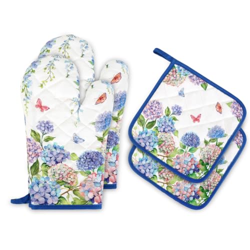 Hydrangea Floral Oven Mitts and Pot Holders Set (Hydrangea / Oven Mitt x2 & Pot Holder x2)