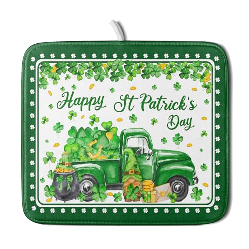 Shamrock Gnome Truck Dish Drying Mat Lucky Clover Dish Drainer Mat 16x18 inch Absorbent Fast Dry Pad for Kitchen Counter Coffee Bar Decor (Shamrock Gnome Truck / 16" x 18")