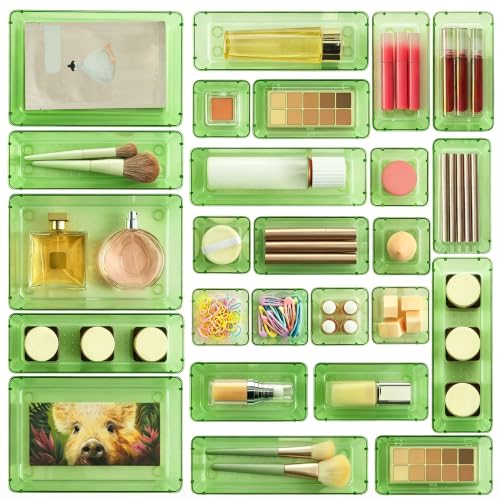25 Pack Plastic Drawer Organizers with Non (Clear Green)