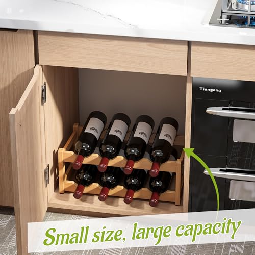 Bamboo Wine Rack Wine Storage Cabinet Shelf 8 Bottle Wine Racks Countertop Sturdy for Kitchen Dining Room Pantry (Natural / 2 Tier)