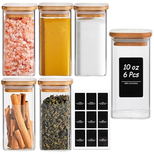 Square Glass Spice Jars with Labels 10 oz 6 Pack with Bamboo Lids (6 Count)