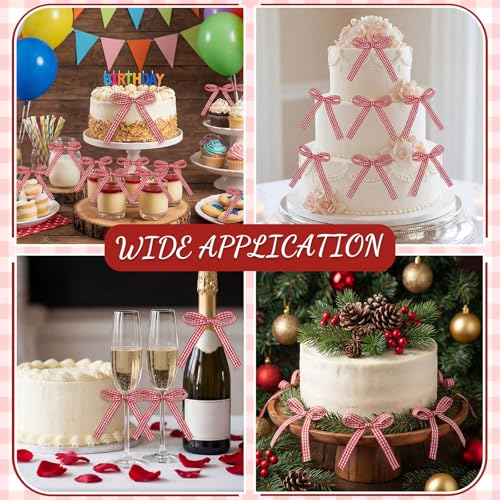 30 Pack Gingham Ribbon Bows for Cake Red Gingham Bow Cake Toppers (Red Gingham)
