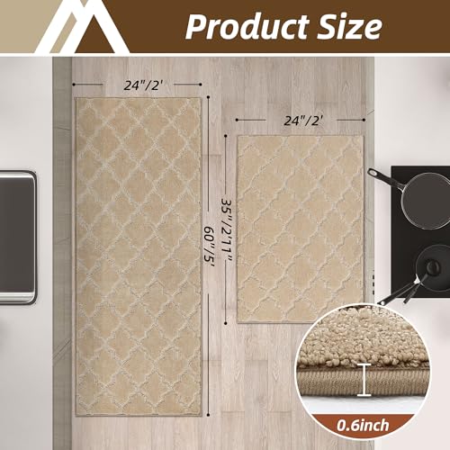Soft Kitchen Rugs Set of 2 Non Slip 24"x36"+24"x60" (Warm Beige / 24 X 35 "+ 24 X 60 ")