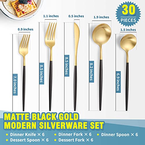 Matte Black Gold Silverware Set for 6 (Black/Gold / 30 Pieces Set)