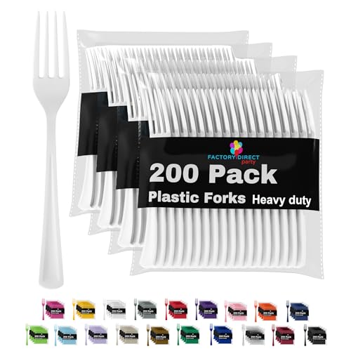 White Plastic Forks 200 Pieces White Forks Disposable Utensils Heavy Duty Plastic Cutlery Set Disposable Cutlery Sets Flatware Sets Silverware Set Party Supplies & Party Tableware (White / Forks)
