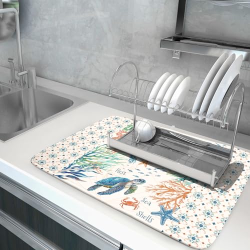 Nautical Coastal Dish Drying Mat Sea Turtle Seahorse Dish Drainer Pad 18"x24" Microfiber Reversible Fast Dry Pad for Kitchen Counter Decor (Coral Turtle / 18" x 24")
