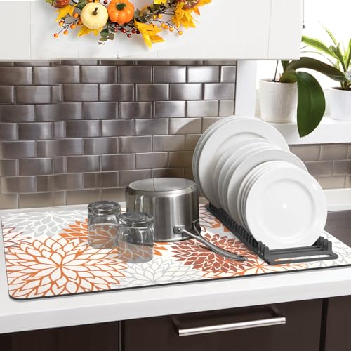 2Pcs Fall Dish Drying Mat & Sink Splash Guard (Orange / 17" X 32" + 24" X 5.5")