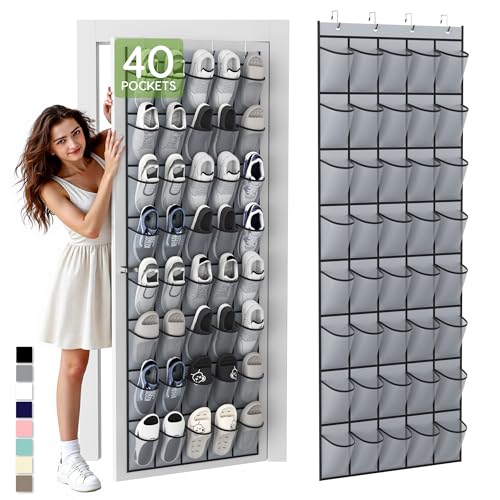 Over the Door Shoe Organizer with 40 Large Breathable Mesh Pockets (Grey / 40 Pockets)