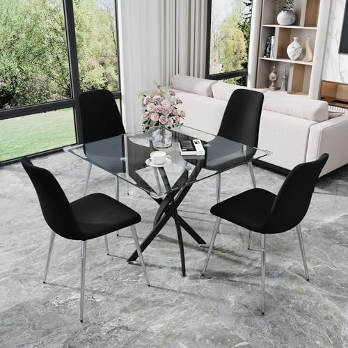 36” Square Glass Dining Table Set for 4 (Black Square Table/Black Velvet Chairs / 5 Pieces)