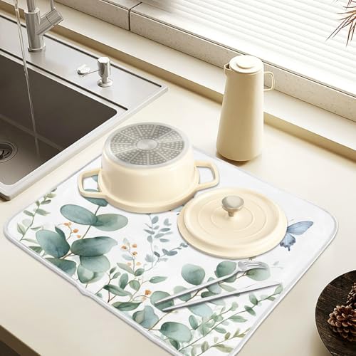 Spring Eucalyptus Green Leaf Dish Drying Mat for Kitchen Counter Absorbent Microfiber Small Drying Pad Dish mats for Kitchen Countertops 16 x 18 Inch (Green Leaf / 18" x 16")
