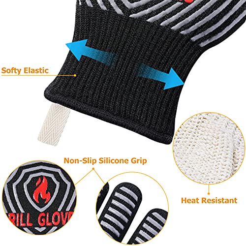 BBQ Gloves 1472°F Heat Resistant Grilling Gloves Silicone Non (Black / One Size Fits Most(Regular Cuff))