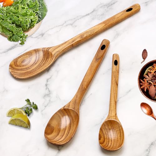 3 Pcs Non Toxic Wood Serving Spoons Set for Cooking Mixing Kitchen Utensils (3 Pcs Spoons)