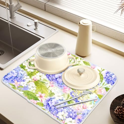 Floral Hydrangea Garden Dish Drying Mat for Kitchen Counter Absorbent Microfiber Large Drying Pad Dish mats for Kitchen Countertops 18 x 24 Inch01 (Spring Summer Flowers / 24" x 18")