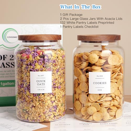 Set of 2 Large Glass Flour and Sugar Containers with 132 Pantry Labels (2 Count)
