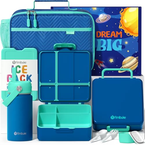 Kids Bento Lunch Box with Toddler Insulated Water Bottle Lunch Bag (A8. Nautica Blue)