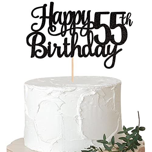 1 PCS Happy 55th Birthday Cake Topper Glitter Cheers to 55 Years Birthday Cake Pick 55 Fabulous Cake Decoration for Happy 55th Birthday Theme Party Decorations Supplies Black (Black / 55th)