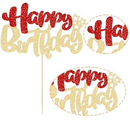 1Pcs Happy Birthday Cake Topper Glitter Happy Birthday Cake Pick for Christmas Theme Baby Shower Anniversary Party Decorations Supplies Red Gold (Style 2 / Red Gold)