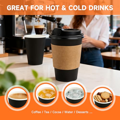 100 Pack 12 oz Disposable Coffee Cups with Lids and Sleeves (Black / 12 oz)