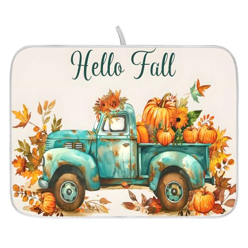 Vintage Fall Truck with Pumpkins Autumn Leaves Dish Drying Mat for Kitchen Counter Absorbent Microfiber Large Drying Pad Dish Mats for Kitchen Countertops 18 x 24 Inch (24" x 18")