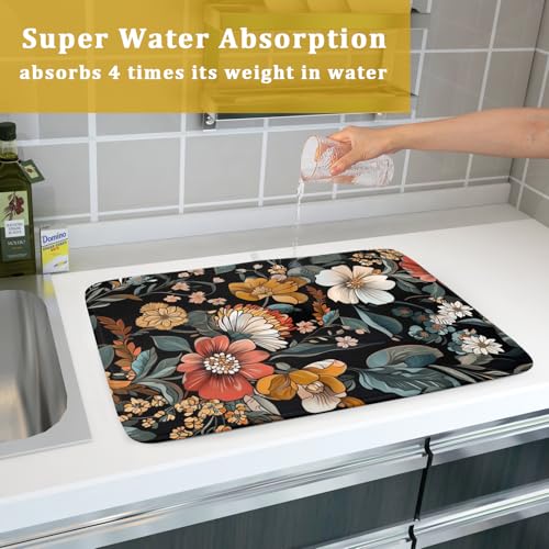 Vintage Floral Dish Drying Mat 18x24 inch Boho Flower Drainer Mats Fast Dry Absorbent Washable Dish Rack Pad Protector Kitchen Accessories (Vintage Floral / 18 x 24 inch)