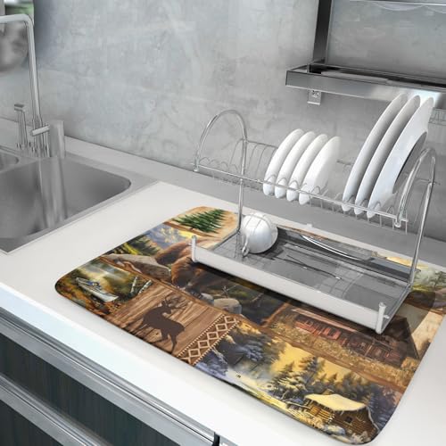 Bear Deer Fox Dish Drying Mat Rustic Cabin Lodge Dish Drainer Mats 18x24 Inch Absorbent Washable Dishes Rack Pad for Sink Kitchen Counter (Bear Deer Fox / 18" x 24")