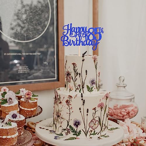 1 PCS Happy 85th Birthday Cake Topper Glitter Cheers to 85 Years Birthday Cake Pick Eighty Five 85 Fabulous Cake Decoration for Happy 85th Birthday Theme Party Decorations Supplies Blue (Blue / 85th)
