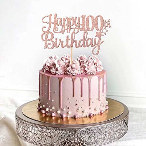 1 PCS Happy 100th Birthday Cake Topper Glitter Cheers to 100 Years Cake Pick Number 100 Fabulous Cake Decoration for 100th Birthday Theme Party Decorations Supplies Rose Gold (Rose Gold / 100th)