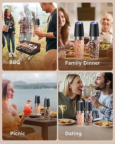 Gravity Electric Salt and Pepper Grinder Set Shakers UPGRADED 9OZ XL CAPACITY Battery Powered Refillable Automatic One Hand Operation Adjustable Coarseness Mill Grinder Set for Kitchen (Battery Powered Set/Black XL)