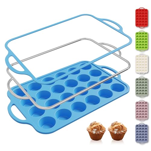 24 Cups Silicone Muffin Pan with Metal Reinforced Frame Cupcake Tray Egg Mold Mama Mommy Mom Ever Christmas Xmas Birthday Law Step Stepmom Stepmother Who Have Everything Good Unique Useful Present (1pc: 24-Cup Mini / Blue)