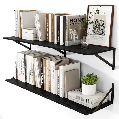 40W x 12D Deep Floating Shelves Set of 2 Black (Black With Black Metal Bracket / 40Wx12Dx5.8H)