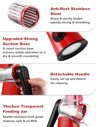 Rotary Cheese Grater Vegetable Shredder With 6 Interchangeable Blades No Slip Suction Base (Red Black / 6 Blades)