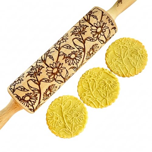 Embossing Rolling Pin GOLDEN DAISIES with Ornamental Bloom Pattern