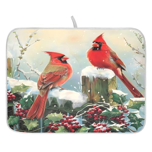 Winter Birds Snowflakes Berry Dish Drying Mat for Kitchen Counter Absorbent Microfiber Small Christmas Drying Pad Dish Mats for Kitchen Countertops 16 x 18 Inch (18" x 16")