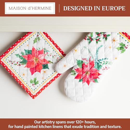 100% Cotton Oven Mitt & Pot Holder Set (117 - Poinsettia Christmas / 7.5" x 13" & 8" x 8" (Oven Mitt & Pot Holder))