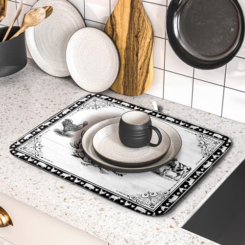 Farm Animal Dish Drying Mat 16x18 Inch Welcome to Our Farmhouse Microfiber Dish Drainer Pads Absorbent Fast Dry Kitchen Accessories (farm animal / 16" x 18")