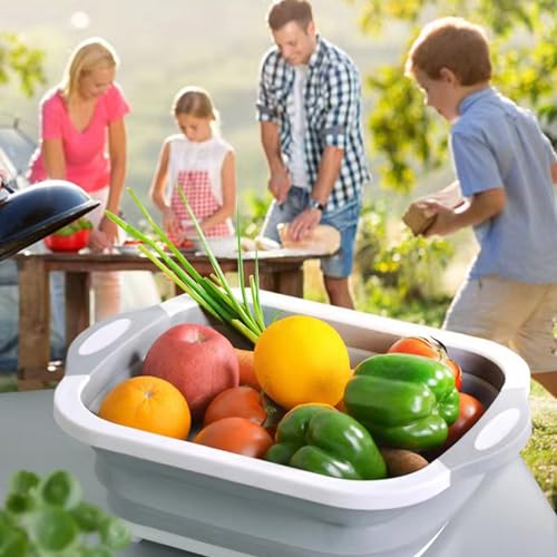 Camping Collapsible Cutting Board Dish Basin BBQ Prep Tub Camp Sink Dish Washing Station Multifunctional Storage Basket (Grey Green)
