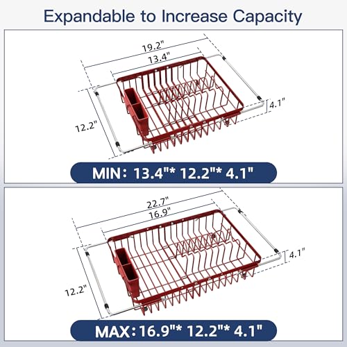 Red Dish Drying Rack Over the Sink with Utensil Holder (Red / For 12.5"-30"w Sink, Expandable)