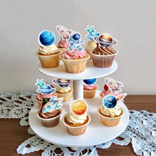 40Pcs Edible Space Astronaut Cupcake Toppers Solar System Galaxy Universe Planets Cupcake Picks Drink Topper for Outer Space Baby Shower Boys Blue Planet Birthday Party Cupcake Decorations (Edible Space)