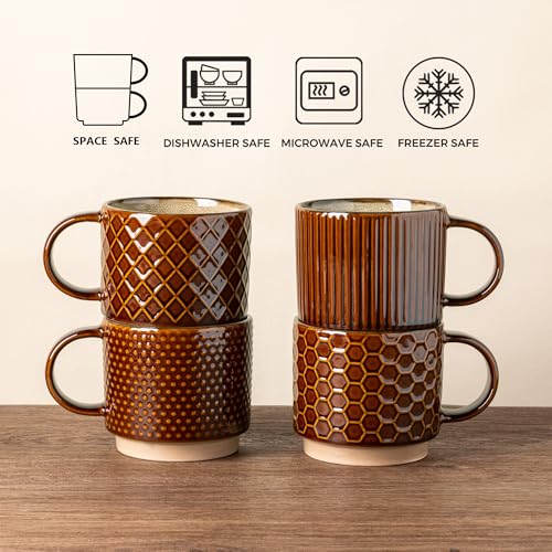 12 OZ Stackable Coffee Mugs Set of 4 (Caramel / 12oz (With Stand))