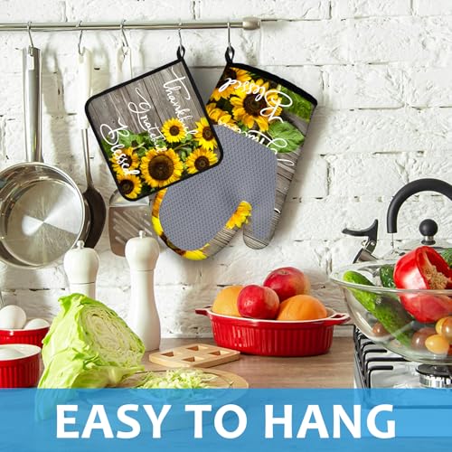 Sunflower Wood Grain Oven Mitts and Pot Holders Sets Heat Resistant 4Pcs Potholders Oven Gloves Hot Pads for Kitchen Baking Cooking Grilling BBQ (Thankful Grateful Blessed)
