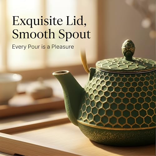 34oz Cast Iron Tea Kettle for Stovetop (Dark Green Hexagon Pattern, 1000ml/34oz)