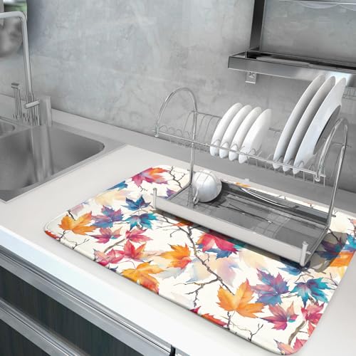 Maple Leaf Dish Drying Mat fall autumn colorful leaves absorbent dish drain mats for kitchen counter (Maple Leaf 606 / 24" x 18")