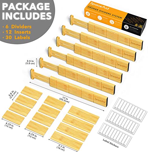 Bamboo Drawer Dividers with Inserts and Labels (13.25-17 inch)