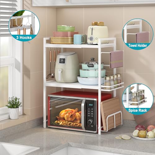 Expandable Microwave Stand Kitchen Countertop Organizer With Storage (White / 3 Tier (With Spice Rack))