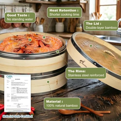 Bamboo Steamer Basket with Stainless Steel Rim 12 Inch Dumpling Steamer Kit (Bamboo Steamer / 12 Inch)
