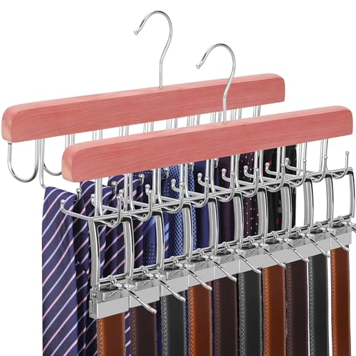 Cedar 2 Pack 2 in 1 Belt Tie Hanger for Closet Max 60 Belts with 60 Ties Capacity (Cedar-2 Pack)