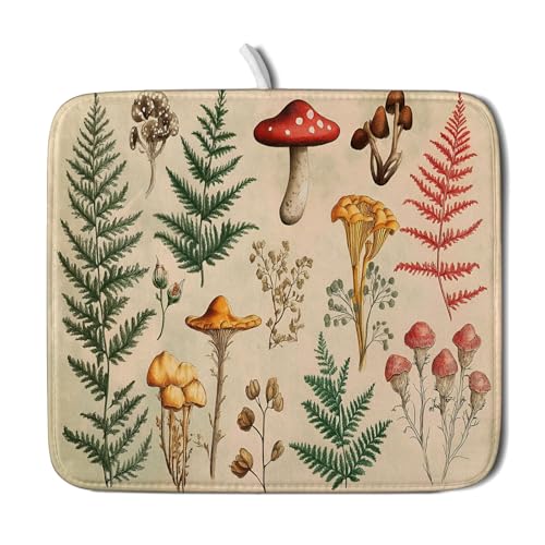 Ferns Leaves Dish Drying Mats Woodland Forest Mushrooms Reversible Drainer Mats 16 X 18 Inch (Ferns Mushrooms 1101 / 18" x 16")